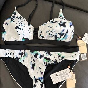 Alia White Bikini Set with Black & Aqua Print